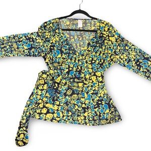 LG Abstract Crossover V Neck Stretch Waist Tie Jersey Blouse